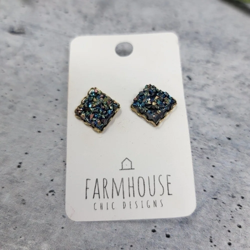 New Farmhouse Chic Designs | Multicolor Square Druzy Stud Earrings